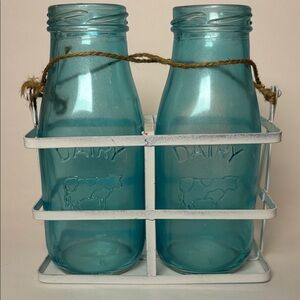 Pair of Blue Farmhouse Glass Bottles with White Metal Holder 6” tall 5” wide